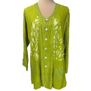 Vintage Lyng Medium‎ Art to Wear Tunic Top Green Button Down Artisan Lightweight